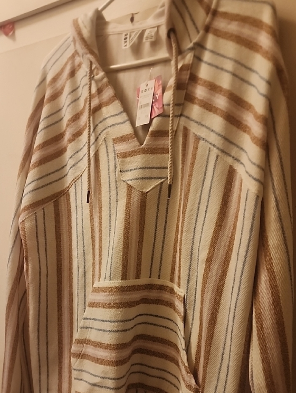 Roxy Striped Hooded Pullover in Cream, Brown & Light Blue